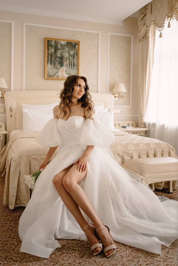 boho sexy wedding dress Dress, Puffy Sleeves, Minimalist Off-the-shoulder Corset Bridal Gown, Custom Square Neck back design adds a natural fiber clothing Women's Look At You Style #:25288-715