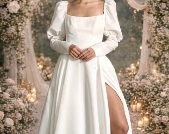 Modest Minimalist A-Line Wedding Dress, Puffy Long Sleeves, Square Neck, Pockets
