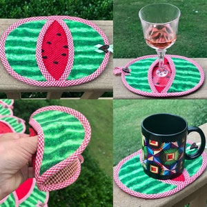 DIY, Watermelon potholder, mug rug and coaster, 3 in 1, insulated with heat resistant Insul-bright interfacing, PDF tutorial and pattern