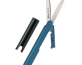 Curved blade compact folding scissors, pen size, safe ends
