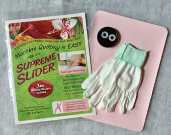 Set of Supreme Slider mat for free motion quilting (small or queen size) + pair of Quilting Gloves + 2 Magic Bobbin Genies (washers)