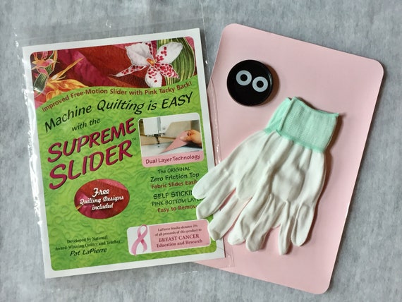 Set of Supreme Slider Mat for Free Motion Quilting small or Queen Size Pair  of Quilting Gloves 2 Magic Bobbin Genies washers 