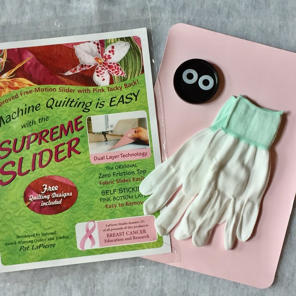 Set of Supreme Slider mat for free motion quilting (small or queen size) + pair of Quilting Gloves + 2 Magic Bobbin Genies (washers)
