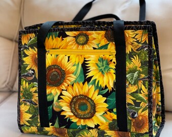Ultimate carry all bag for crafts, sewing, quilting in sunflowers, 18 pockets, back pocket for carry-on bag, ironing board on flap side