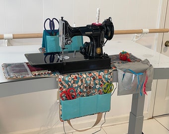 Tote and workstation 2 in 1 for Singer Featherweight sewing machine  made of cork on the out and cotton in, fits original machine case
