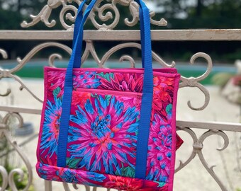 Ultimate carry all bag for sewing, quilting and crafts, 18 pockets, ironing pad on a flap side, sleeve for roller cart, Kaffe Fassett fabric