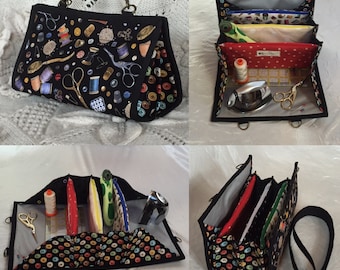 Small sewing clutch with 3 zippered pockets, ironing pad inside, magnetic closures and long shoulder strap