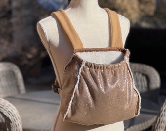 Pet carrier, pet sling, adjustable straps, elastic on front, faux fur with glittered faux suede, 3 sizes
