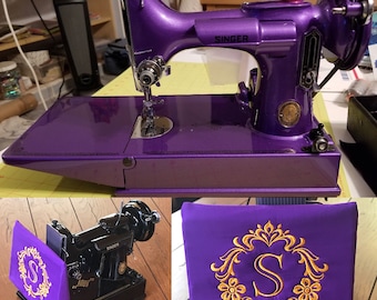 Personalized protective arm sleeve/cover for Singer Featherweight 221 sewing machine side drop panel with embroidered monogram