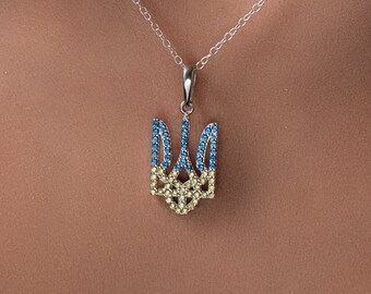 Ukrainian Trizub pendant, National symbol of Ukraine, made with blue and yellow zircons, in silver and gold colors, 16" chain