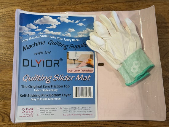 Set of Supreme Slider Mat for Free Motion Quilting small or Queen Size Pair  of Quilting Gloves 2 Magic Bobbin Genies washers 