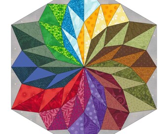 Wish Flower (quilt pattern), paper piecing or freezer paper technique, patterns for 2 sizes available, 12" and 18".