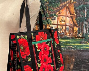 Ultimate carry all bag for sewing-n-crafts in red poppies, 18 pockets, ironing pad, vinyl bags, Sleeve for roller cart, mesh pockets