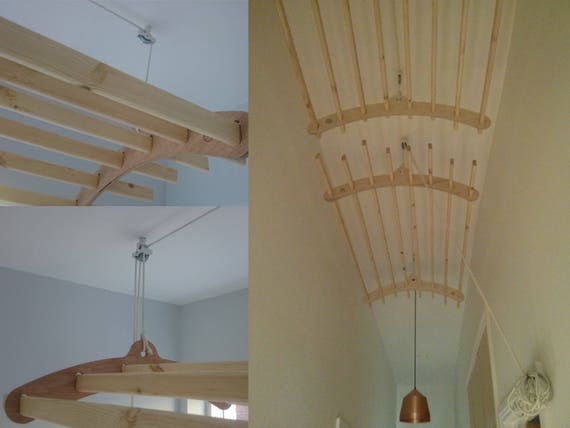 10 Lath Handmade Wooden Clothes Rack Dryer Ceiling Mounted Pulley Laundry Airer