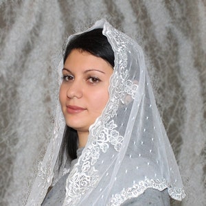 May include: White lace veil with a scalloped edge and floral pattern. The veil is worn by a person with dark hair.