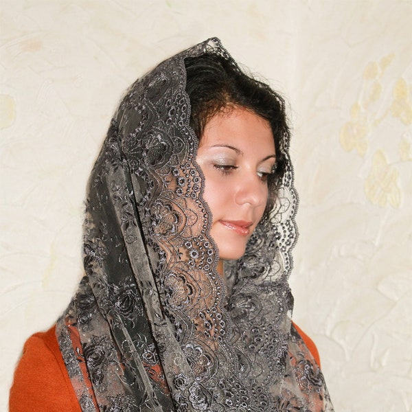 Gift for mothers Day gray veil infinity veil lace mantilla traditional catholic infinity mantilla  catholic chapel mantilla chapel veil