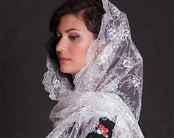 White lace veil mantilla religious head coverings classic religious chapel church  bridal scarf infinity
