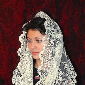 May include: A white lace mantilla with a floral design. The mantilla is draped over a person's head and shoulders. The background is a red, textured fabric.