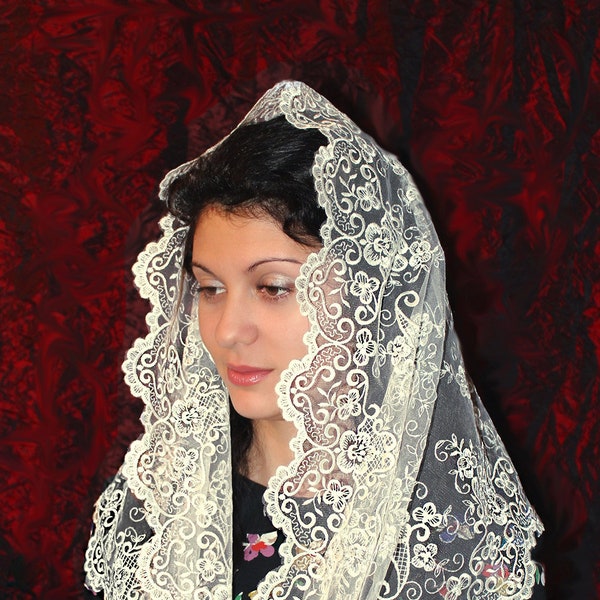 Gift for mothers Day ivory mantilla Infinity,veil latin mass Scarf,chapel mantilla,church veil,catholic accessories,Religious Head Coverings