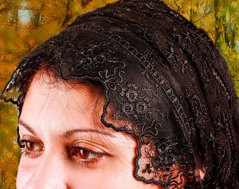 Gift for mothers Day black headband catholic black veil lace convertible head cover head wrap funeral veil black lace mantilla