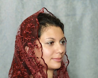 Gift for mothers Day  Burgundy veil,Chapel mantilla,Catholic Chapel,lace veil,lace mantilla,Catholic Head Covering,Veil for Mass
