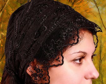 Gift for mothers Day  black headband catholic,black veil,headband headscarf with ties,head wrap,funeral veil,black lace mantilla