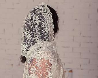Gift for mothers Day ivory mantilla,Traditional catholic mantilla,chapel ,Religious head coverings,wrap style veil, Mass Scarf