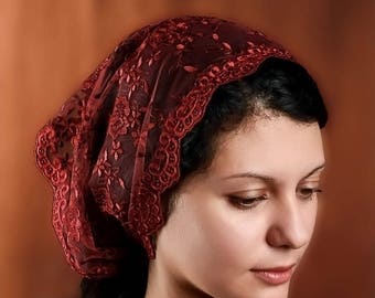 Gift for Mothers Day Burgundy headband headscarf with ties traditional veil for church headband catholic head covering  mantilla