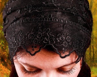 Gift for Mothers Day black headband catholic black with ties lace convertible head cover head wrap funeral veil black lace mantilla