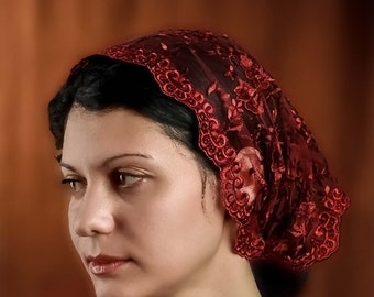 Gift for mothers Day burgundy headband headscarf with ties traditional catholic   veil for church headband catholic head covering  mantilla