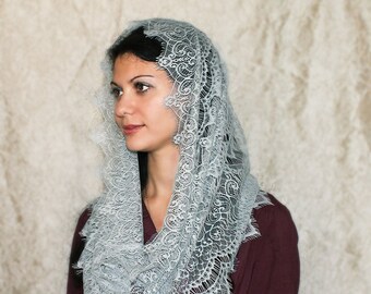 Gray Lace Mantilla Veil: Catholic Chapel Head Covering