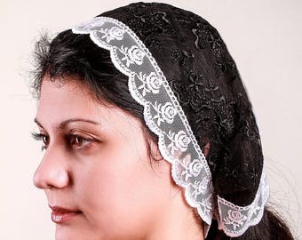 Gift for mothers Day black veil,headband headscarf with ties,veil with ties,Traditional Catholic,head wrap,funeral veil,black lace mantilla