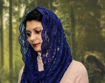 Blue Lace Mantilla Veil: Infinity Scarf, Catholic Head Covering