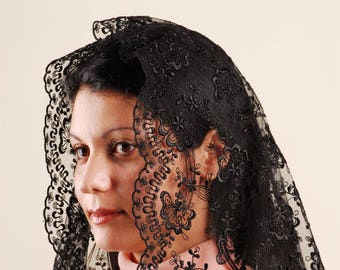 Black Lace Mantilla Veil, Half Circle Church Head Covering