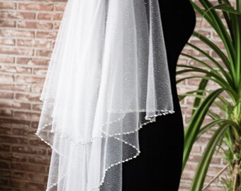 Crystal edge beads white veil glitter veil sparkly veil wedding cathedral wedding veil shimmer tulle wedding veil 2tier fingertip veil