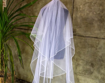 Wedding veil edge beads white  veil wedding cathedral  2tier fingertip veil