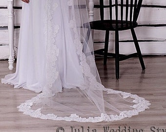 Chapel veil lace wedding mantilla veil long elegant wedding  white veil lace embroidered veil