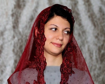 Burgundy Lace Chapel Veil Mantilla: Catholic Head Covering