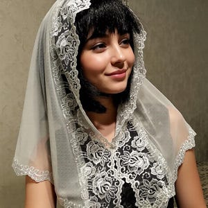 May include: A sheer, light gray veil with intricate white floral lace trim. The veil is draped over the head and shoulders, creating a delicate and elegant look. The lace detailing adds a touch of sophistication to this accessory.