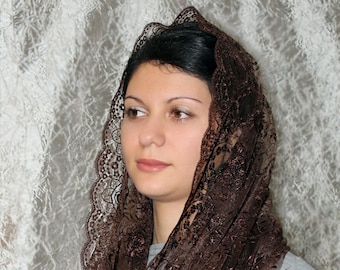 Gift for mothers Day brown veil brown lace scarf chapel mantilla veil for mass catholic chapel head covering  chapel veil