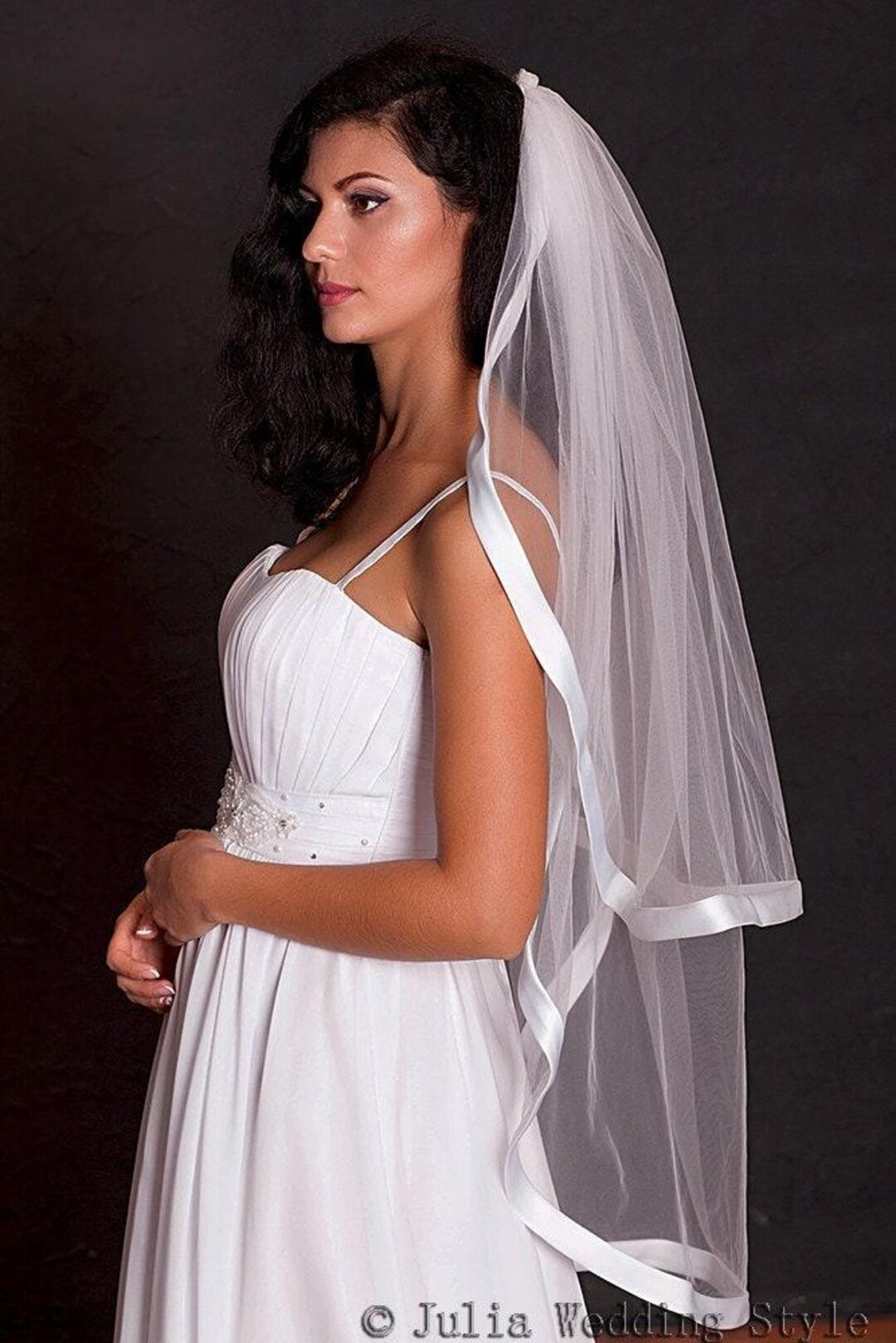 White Ribbon Trim Two Tier Fingertip Length Tulle Wedding Veil w/ Bow and Comb Unsutuo Wedding Veil Satin Trim 2 Tier Ivory Short Bridal  main image 2
