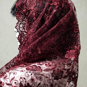 Burgundy Lace Chapel Veil Mantilla: Catholic Head Covering image 9