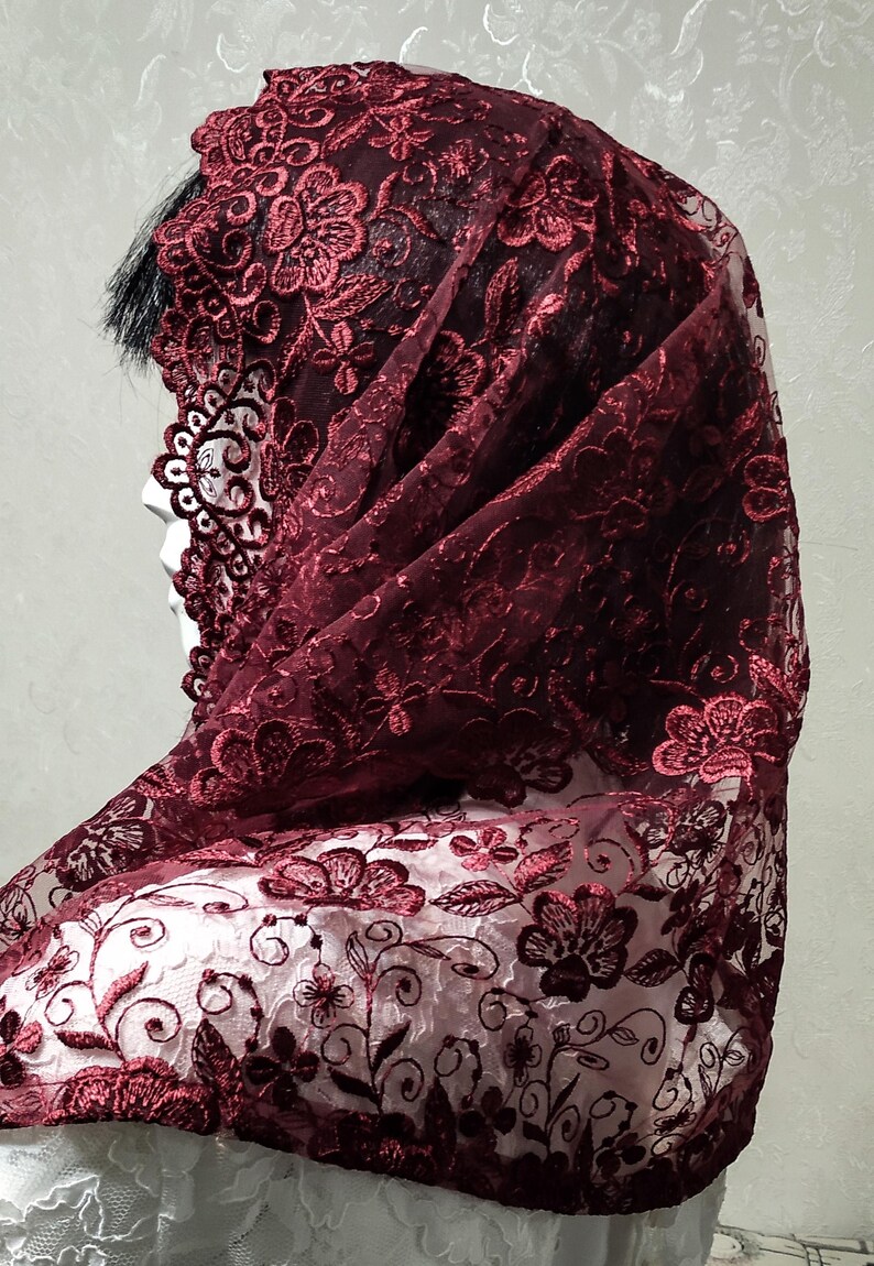 Burgundy Lace Chapel Veil Mantilla: Catholic Head Covering image 9
