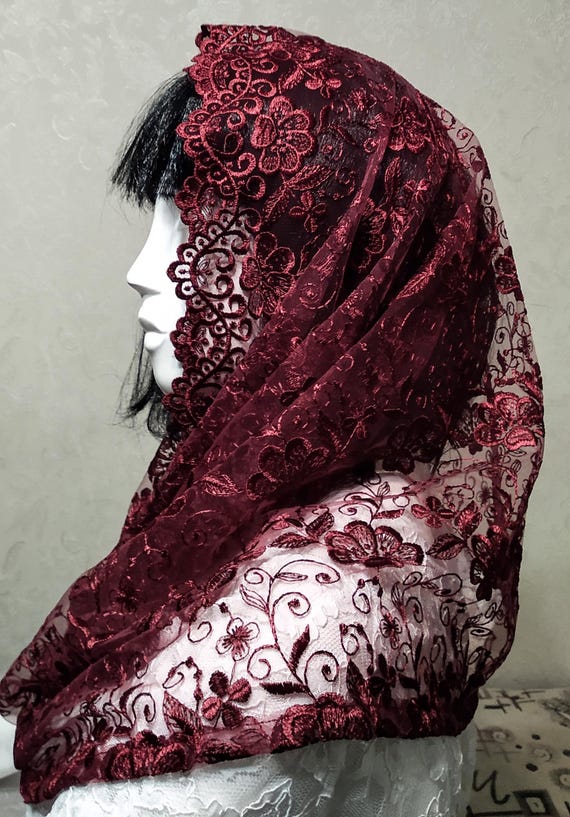 Burgundy Lace Chapel Veil Mantilla: Catholic Head Covering