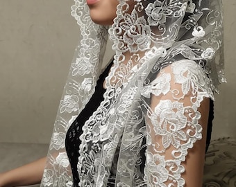 Veil for Mass Prayer Shawl Ivory Lace Church Veil Scarf for Women Mantilla Chapel Scarf Catholic Head Covering Embroidered LaceModest Head
