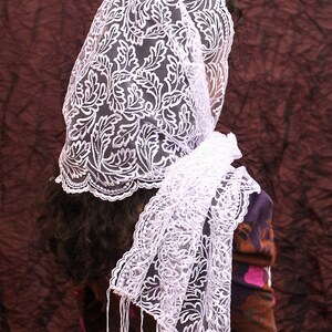 May include: White lace veil with a floral pattern. The veil is draped over a person's head and shoulders.