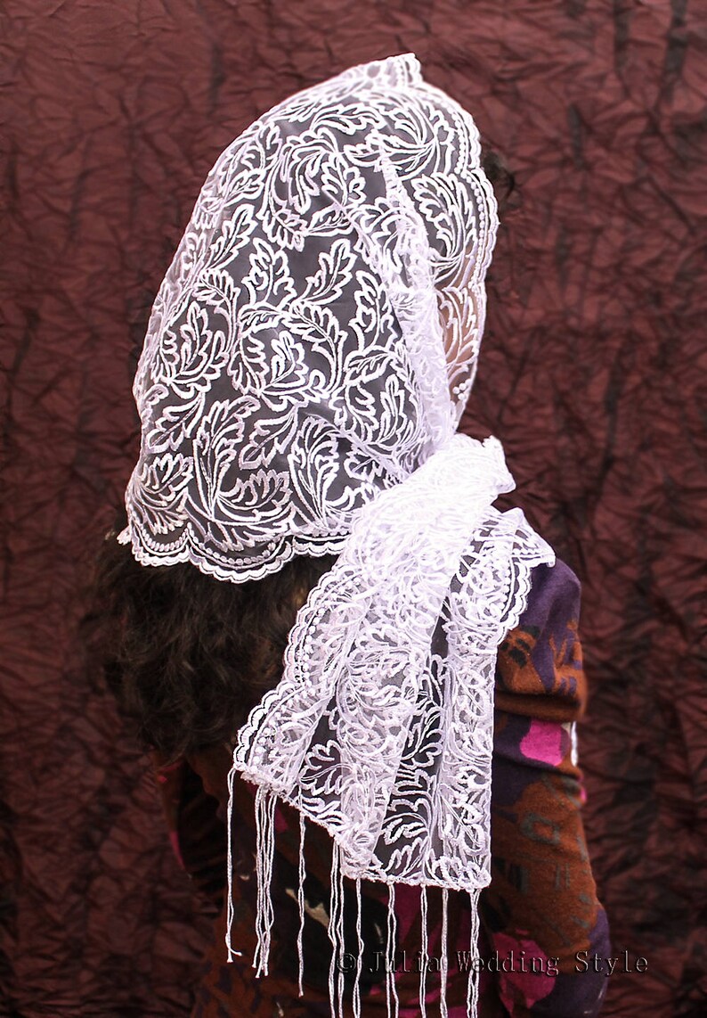 May include: White lace veil with a floral pattern. The veil is draped over a person's head and shoulders.