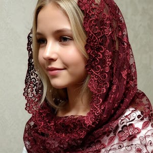 Burgundy Lace Chapel Veil Mantilla: Catholic Head Covering image 2