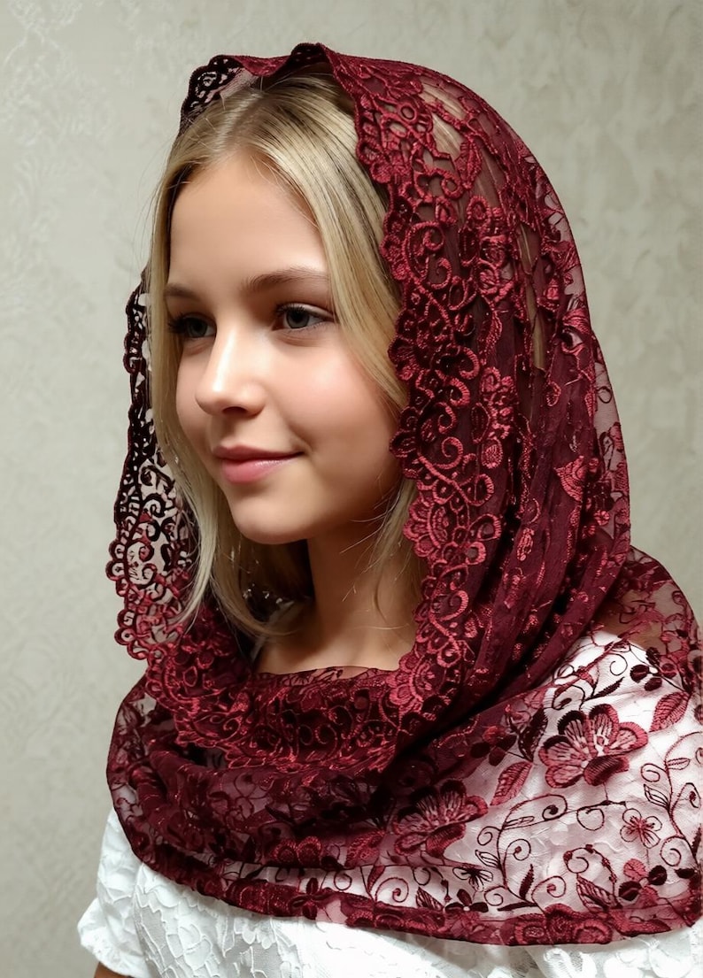 Burgundy Lace Chapel Veil Mantilla: Catholic Head Covering image 2