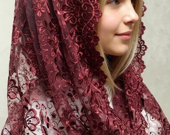 Burgundy Lace Chapel Veil Mantilla: Catholic Head Covering